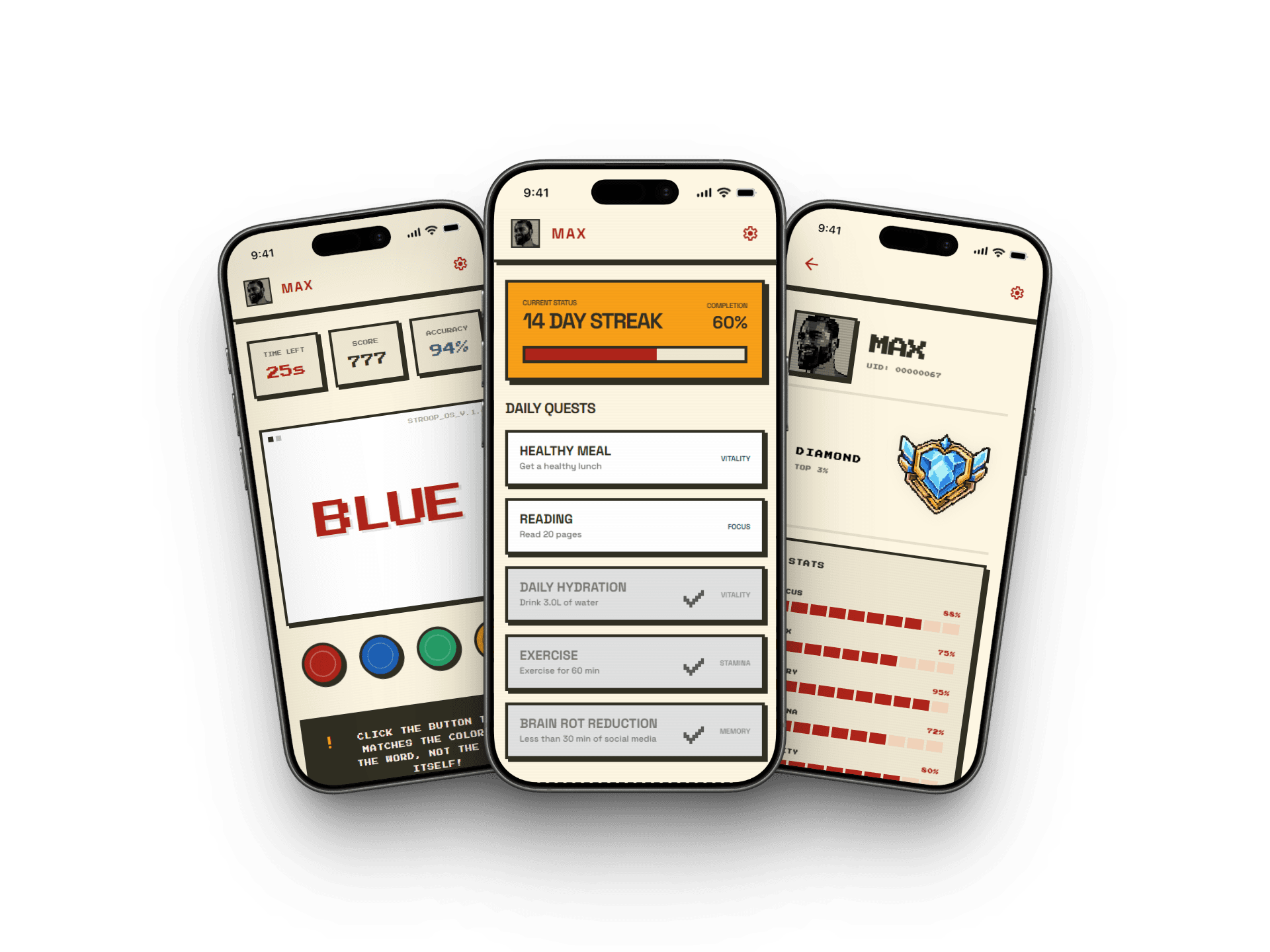 Riviva app screens showing daily quests, cognitive tests, and profile